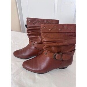 Vintage Enico Italy Cognac Leather Slouch Ankle Boots Buckle Studded EU 39 / 8.5